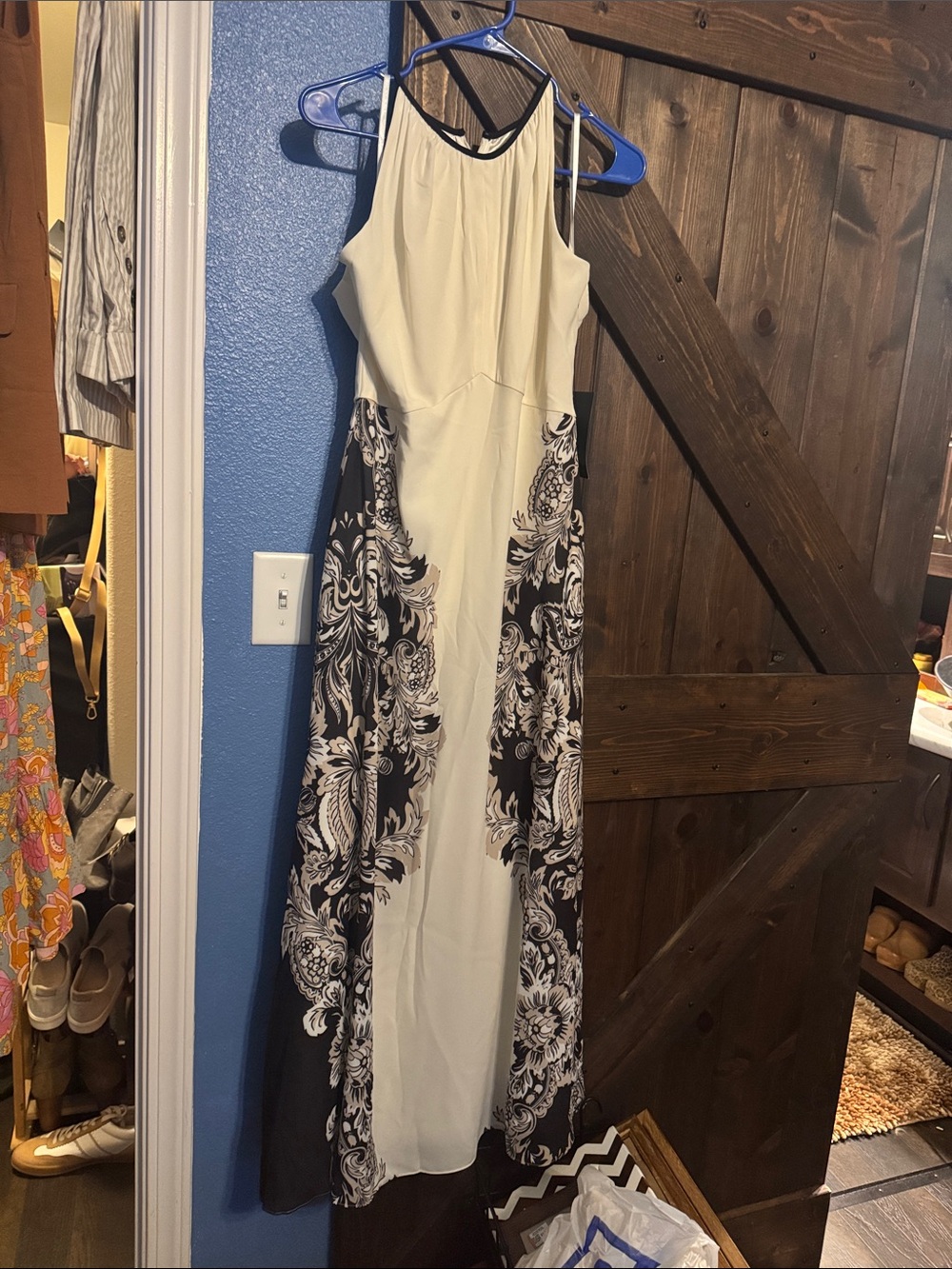 White House Black Market Cream and Black Floral-Panel Maxi Dress